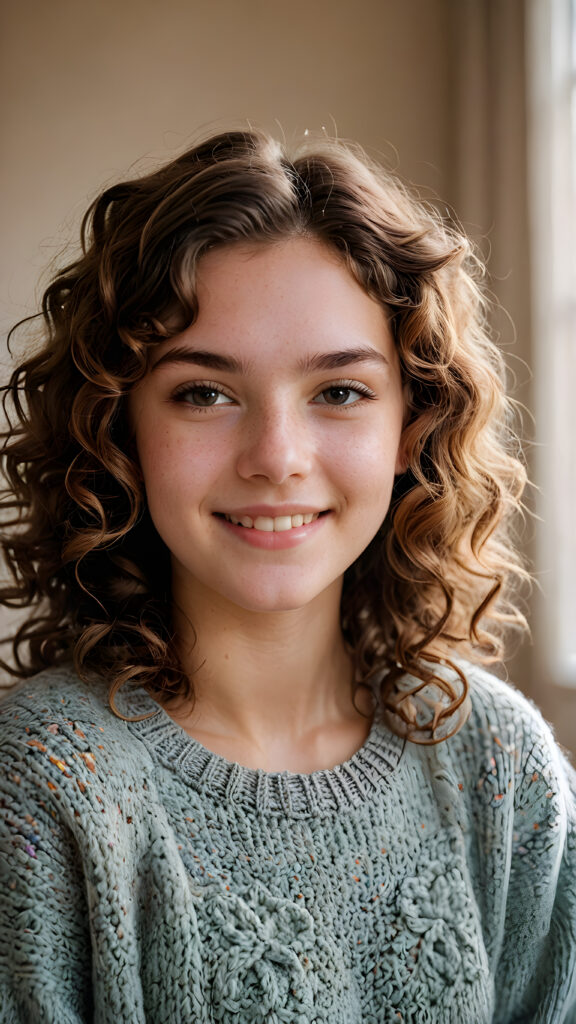 capture the essence of a (((natural teen girl))), exuding a contagious cheerfulness that brings joy to those around her. Her soft, curls frame a (((round face))), which complements a warm, ((thin woolen sweater)) she wears