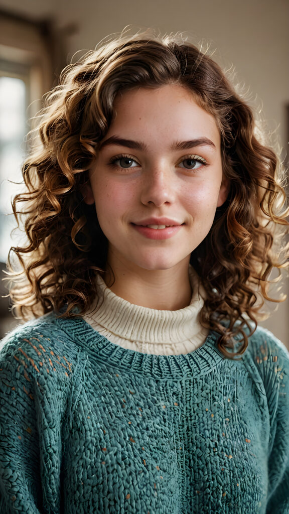 capture the essence of a (((natural teen girl))), exuding a contagious cheerfulness that brings joy to those around her. Her soft, curls frame a (((round face))), which complements a warm, ((thin woolen sweater)) she wears