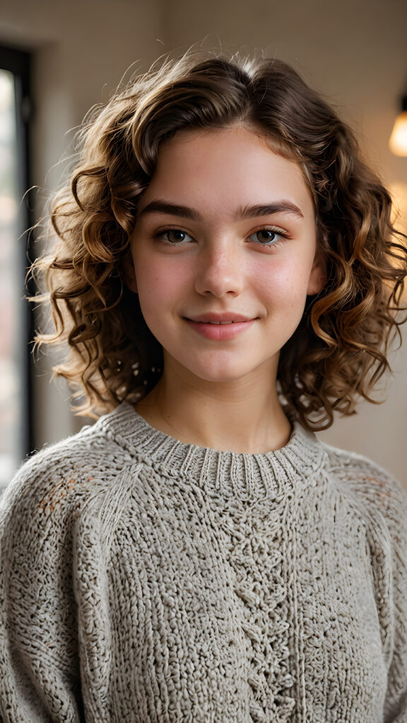 capture the essence of a (((natural teen girl))), exuding a contagious cheerfulness that brings joy to those around her. Her soft, curls frame a (((round face))), which complements a warm, ((thin woolen sweater)) she wears