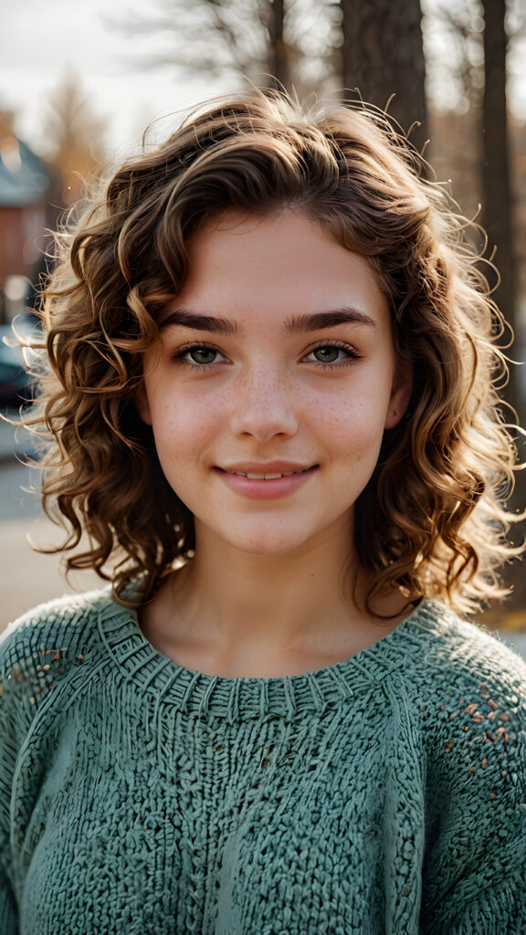 capture the essence of a (((natural teen girl))), exuding a contagious cheerfulness that brings joy to those around her. Her soft, curls frame a (((round face))), which complements a warm, ((thin woolen sweater)) she wears