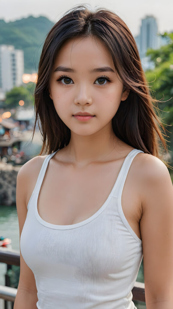 super realistic, detailed face, cute 17 years old Chinese girl, long straight hair, realistic detailed eyes, wear white short tight tank top, looks sadly at the camera, perfect curved body