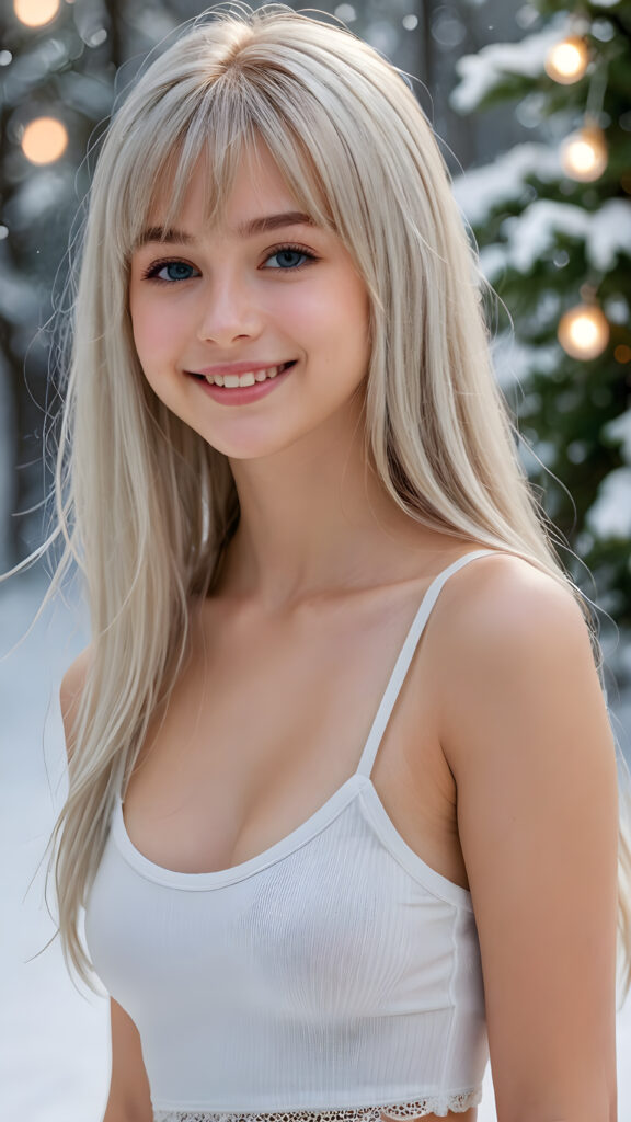 a young beautiful cute young fit petite teen girl, warm smile, dimmed light falls on her, she has long (((straight long soft platinum hair, bangs cut))) (her hair falls on her shoulders), and (realistic dark blue eyes), ((angelic round face)), in a dreamy, perfect shadows, she wears a ((white tight crop spaghetti tank top, deep v-neck)), ((baggy white pants)), (accentuating her ((navel))) perfect curved fit body, she looks seductively at the viewer and smiles slightly, upper body, flawless skin, light background, ((side profile)) ((ultra realistic photo)) ((stunning)) ((gorgeous)) ((4k)) ((full body))