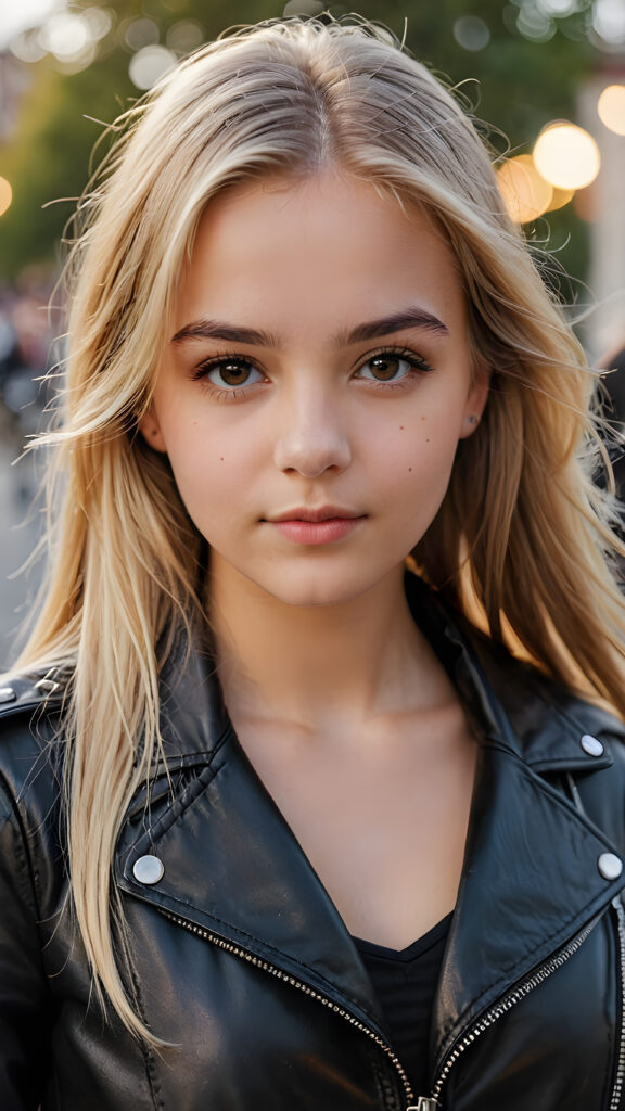 close up a very attractive strict young 16 year old Swedish girl with long straight blonde hair, thick eyebrows and dark brown eyes wearing black leather jacket