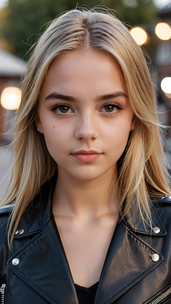 close up a very attractive strict young 16 year old Swedish girl with long straight blonde hair, thick eyebrows and dark brown eyes wearing black leather jacket