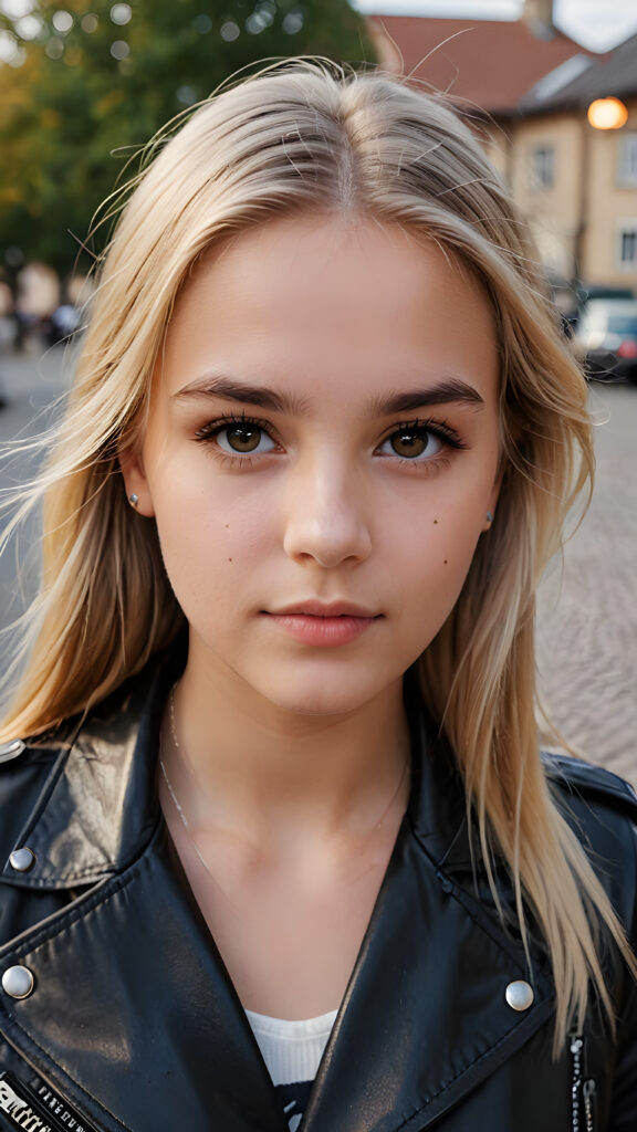 close up a very attractive strict young 16 year old Swedish girl with long straight blonde hair, thick eyebrows and dark brown eyes wearing black leather jacket