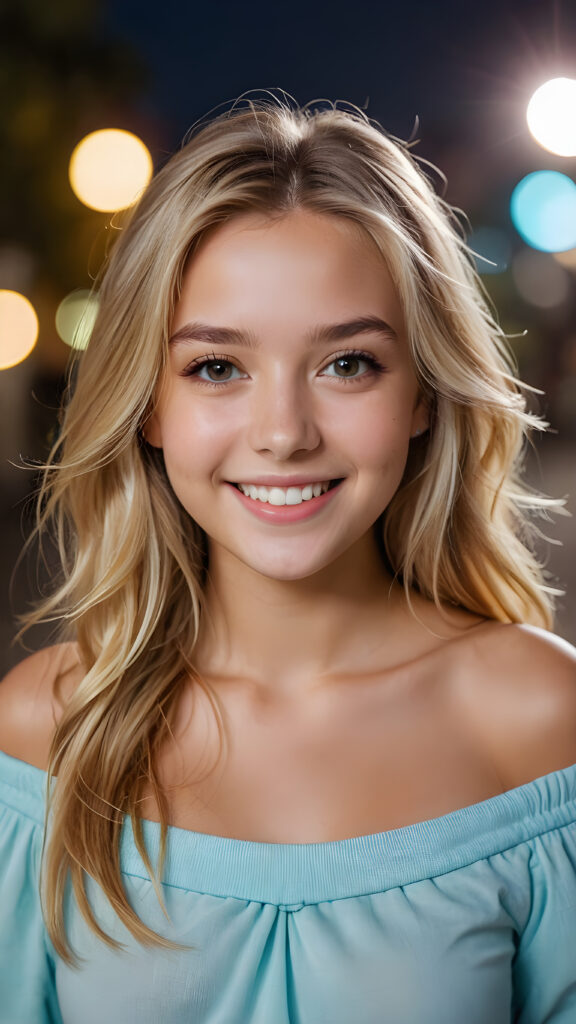 (((close up portrait))) of a (((beautiful))) ((cute)) beautiful young girl, blonde long hair, off shoulder stereo fold over front top, ((cheerful smile)), ((face illuminated)), (((looking into the camera)))