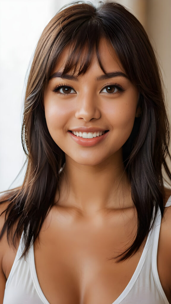 (((close up portrait))) of a (((beautiful))) ((cute)) ((tanned)) girl, ((very long jet brown-black straight hair)), (bangs), ((plump lips)), (((seductive look))), wide open front, ((perfect curvy body)), ((tank top, deep v-neck)), ((cheerful smile)), ((face illuminated)), (((looking into the camera)))