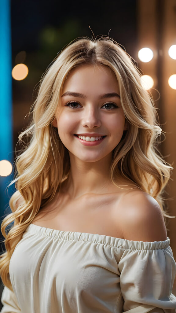 (((close up portrait))) of a (((beautiful))) ((cute)) beautiful young girl, blonde long hair, off shoulder stereo fold over front top, ((cheerful smile)), ((face illuminated)), (((looking into the camera)))