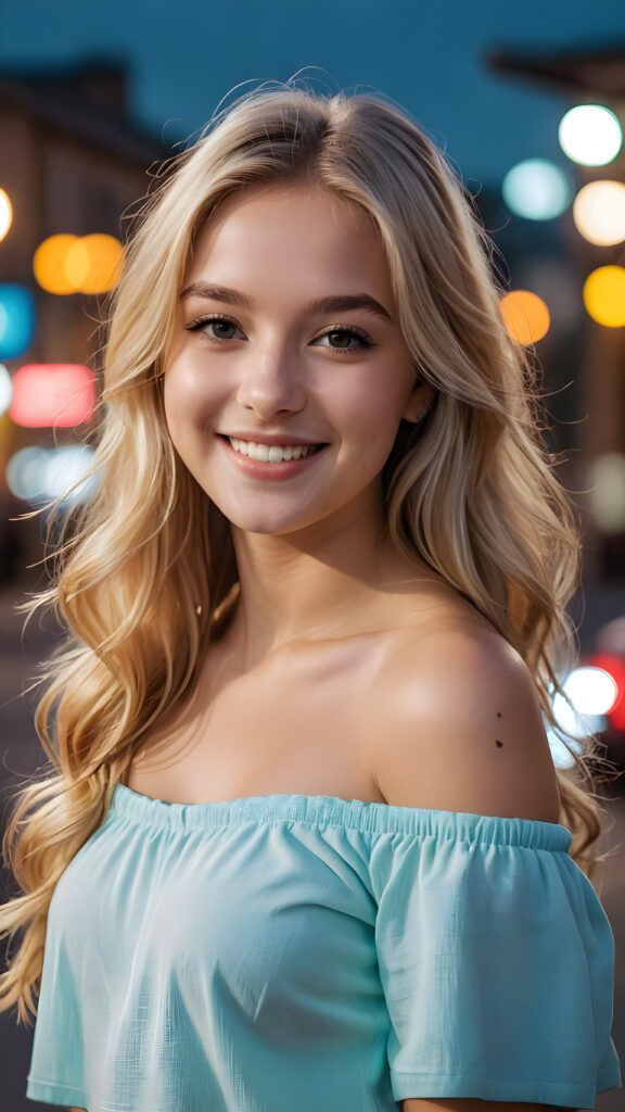 (((close up portrait))) of a (((beautiful))) ((cute)) beautiful young girl, blonde long hair, off shoulder stereo fold over front top, ((cheerful smile)), ((face illuminated)), (((looking into the camera)))