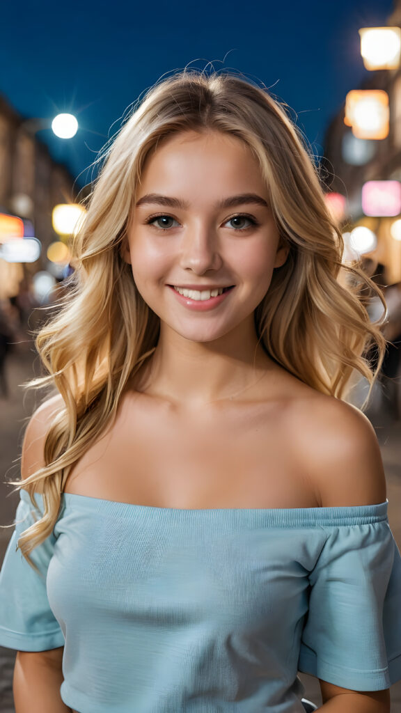 (((close up portrait))) of a (((beautiful))) ((cute)) beautiful young girl, blonde long hair, off shoulder stereo fold over front top, ((cheerful smile)), ((face illuminated)), (((looking into the camera)))