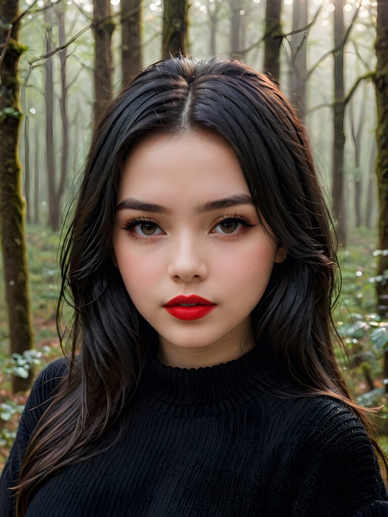 ((close up portrait)) a young cute teen girl with long, straight and shiny jet black hair, ((full plump red lips)), wears a ((black sweater made of wool)), looks seductively at the viewer. In the background a misty, gloomy forest with faint moonlight, she has a perfect fit curved body, side view