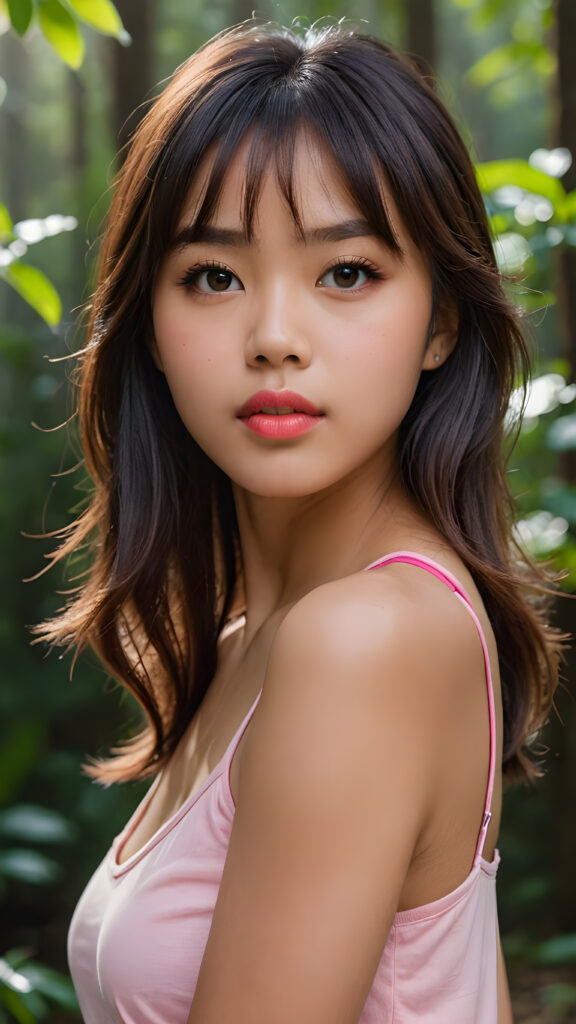 ((close up portrait)) a young cute busy tanned Asian teen girl with long, straight and shiny jet brown hair, bangs frame her face, ((full plump red lips)), wears a ((pink cropped tank top)), looks seductively at the viewer. In the background a misty, gloomy forest with faint moonlight, she has a perfect fit curved body, ((side view))