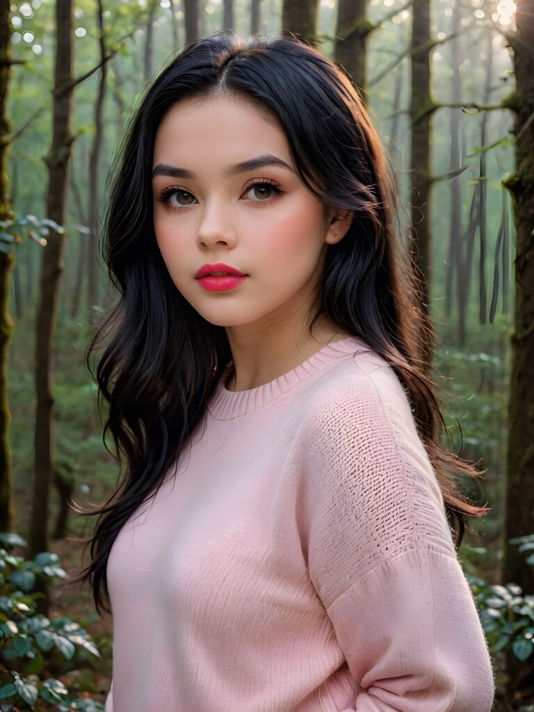 ((close up portrait)) a young cute busty teen girl with long, straight and shiny jet black hair, ((full plump red lips)), wears a ((light pink sweater made of fine wool)), looks seductively at the viewer. In the background a misty, gloomy forest with faint moonlight, she has a perfect fit curved body, ((side view))