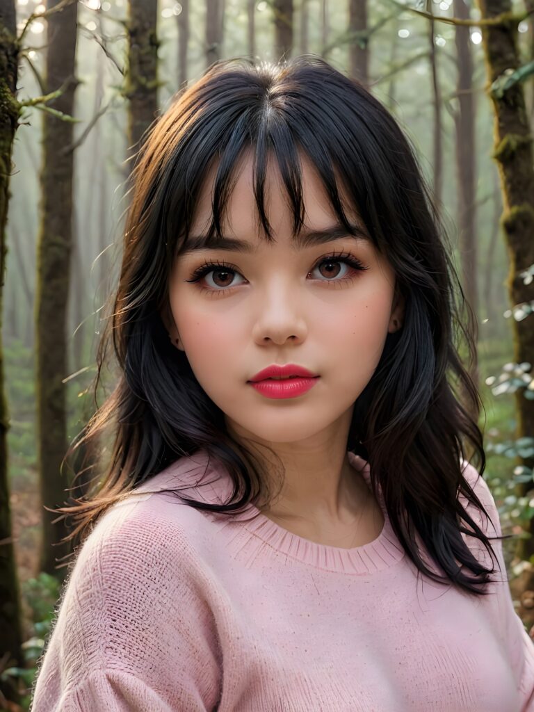 ((close up portrait)) a young cute busty teen girl with long, straight and shiny jet black hair, bangs frame her face, ((full plump red lips)), wears a ((light pink sweater made of fine wool)), looks seductively at the viewer. In the background a misty, gloomy forest with faint moonlight, she has a perfect fit curved body, ((side view))