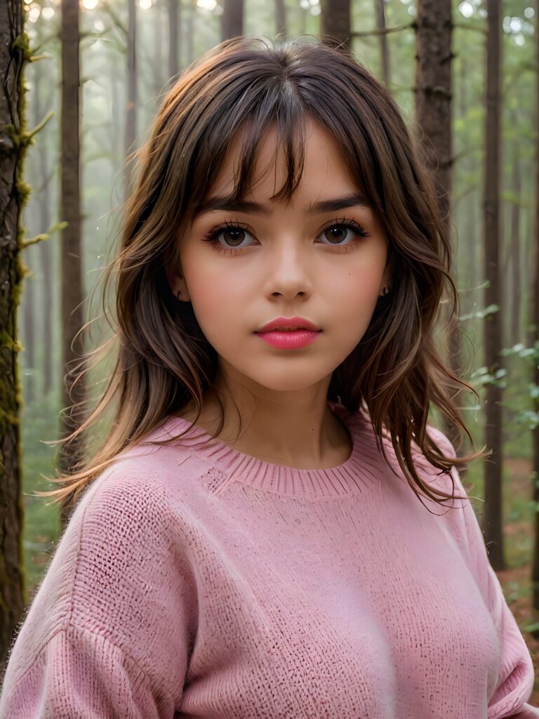 ((close up portrait)) a young cute busty tanned teen girl with long, straight and shiny jet brown hair, bangs frame her face, ((full plump red lips)), wears a ((pink sweater made of fine wool)), looks seductively at the viewer. In the background a misty, gloomy forest with faint moonlight, she has a perfect fit curved body, ((side view))