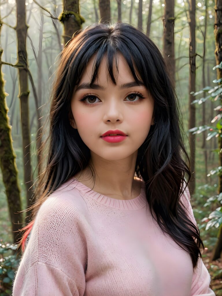 ((close up portrait)) a young cute busty teen girl with long, straight and shiny jet black hair, bangs frame her face, ((full plump red lips)), wears a ((light pink sweater made of fine wool)), looks seductively at the viewer. In the background a misty, gloomy forest with faint moonlight, she has a perfect fit curved body, ((side view))