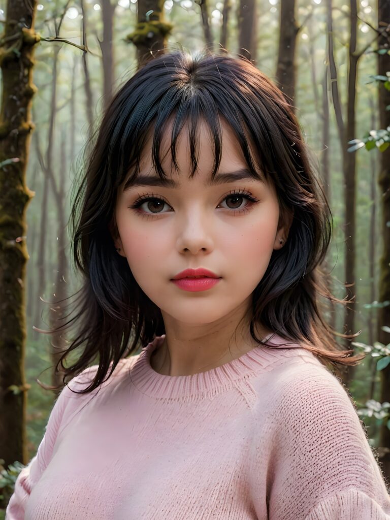 ((close up portrait)) a young cute busty teen girl with long, straight and shiny jet black hair, bangs frame her face, ((full plump red lips)), wears a ((light pink sweater made of fine wool)), looks seductively at the viewer. In the background a misty, gloomy forest with faint moonlight, she has a perfect fit curved body, ((side view))