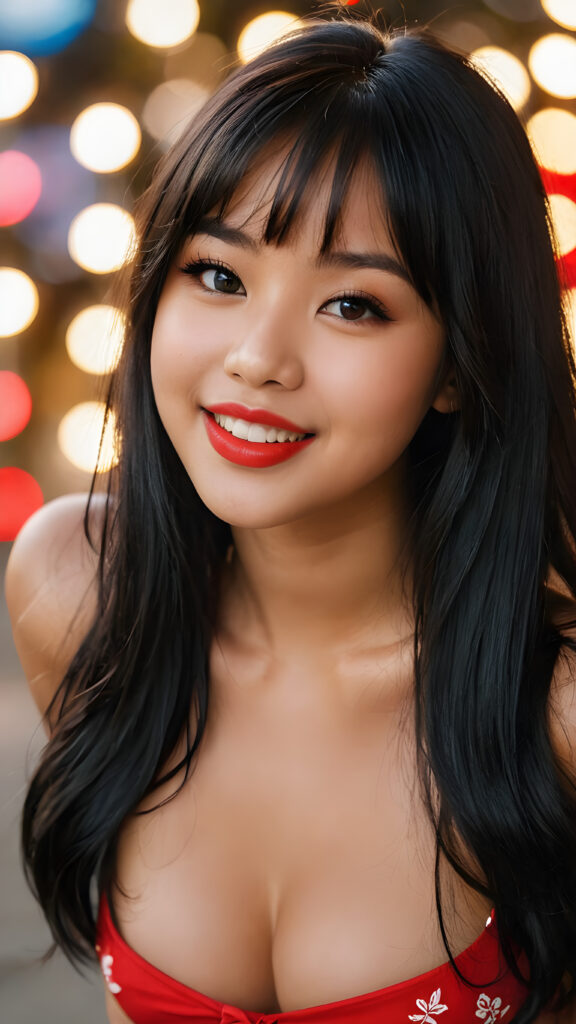 ((close up portrait)) of a (((beautiful))) ((cute)) ((tanned)) Asian 16 year old girl, very long jet black hair, (bangs), ((plump red lips)), (((seductive look))), ((small waist)), ((thick thighs)), ((perfect curvy body)), ((wide open front)), ((cheerful smile)), ((face illuminated)), (((looking into the camera)))