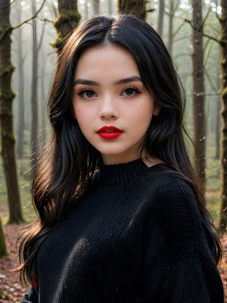 ((close up portrait)) a young cute teen girl with long, straight and shiny jet black hair, ((full plump red lips)), wears a ((black sweater made of wool)), looks seductively at the viewer. In the background a misty, gloomy forest with faint moonlight, she has a perfect fit curved body, side view