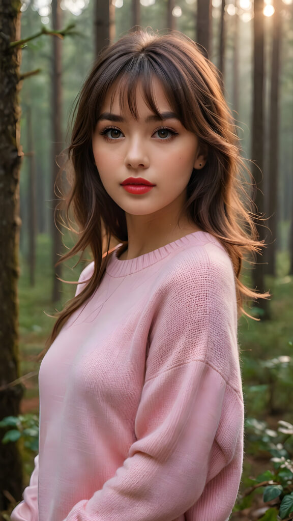 ((close up portrait)) a young cute busty tanned teen girl with long, straight and shiny jet brown hair, bangs frame her face, ((full plump red lips)), wears a ((pink sweater made of fine wool)), looks seductively at the viewer. In the background a misty, gloomy forest with faint moonlight, she has a perfect fit curved body, ((side view))