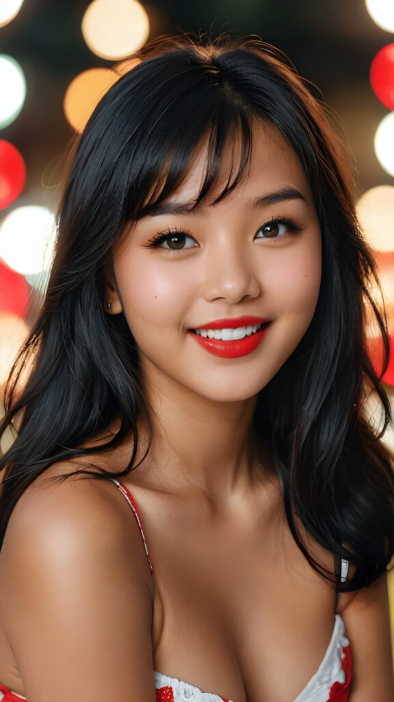 ((close up portrait)) of a (((beautiful))) ((cute)) ((tanned)) Asian 16 year old girl, very long jet black hair, (bangs), ((plump red lips)), (((seductive look))), ((small waist)), ((thick thighs)), ((perfect curvy body)), ((wide open front)), ((cheerful smile)), ((face illuminated)), (((looking into the camera)))