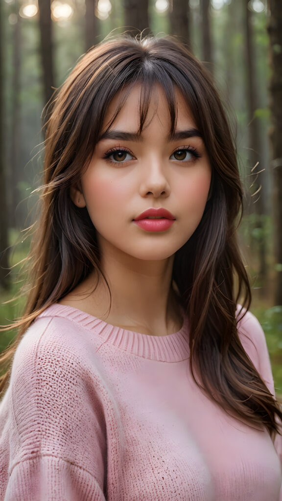 ((close up portrait)) a young cute busty tanned teen girl with long, straight and shiny jet brown hair, bangs frame her face, ((full plump red lips)), wears a ((pink sweater made of fine wool)), looks seductively at the viewer. In the background a misty, gloomy forest with faint moonlight, she has a perfect fit curved body, ((side view))