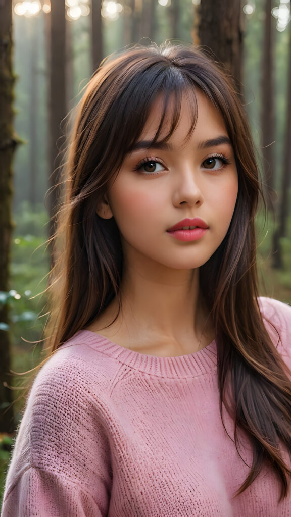 ((close up portrait)) a young cute busty tanned teen girl with long, straight and shiny jet brown hair, bangs frame her face, ((full plump red lips)), wears a ((pink sweater made of fine wool)), looks seductively at the viewer. In the background a misty, gloomy forest with faint moonlight, she has a perfect fit curved body, ((side view))