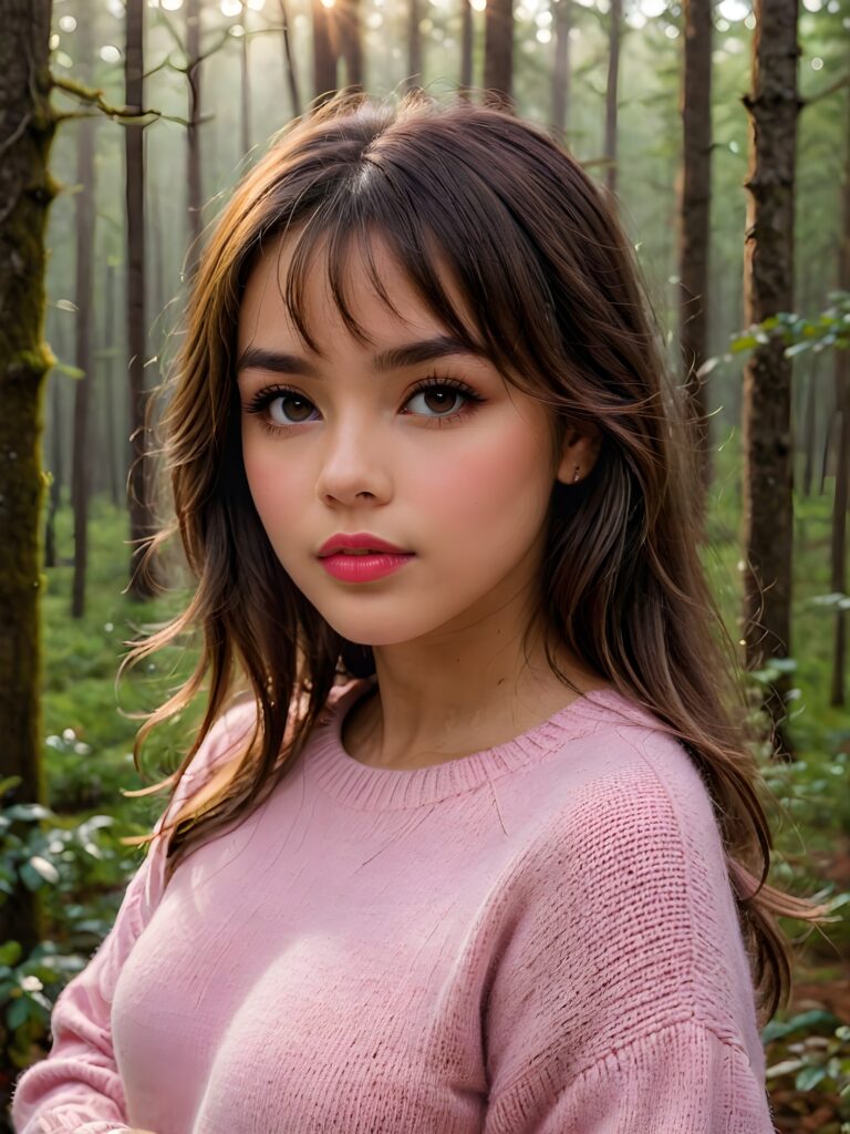 ((close up portrait)) a young cute busty tanned teen girl with long, straight and shiny jet brown hair, bangs frame her face, ((full plump red lips)), wears a ((pink sweater made of fine wool)), looks seductively at the viewer. In the background a misty, gloomy forest with faint moonlight, she has a perfect fit curved body, ((side view))