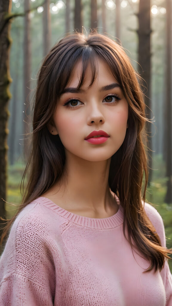 ((close up portrait)) a young cute busty tanned teen girl with long, straight and shiny jet brown hair, bangs frame her face, ((full plump red lips)), wears a ((pink sweater made of fine wool)), looks seductively at the viewer. In the background a misty, gloomy forest with faint moonlight, she has a perfect fit curved body, ((side view))