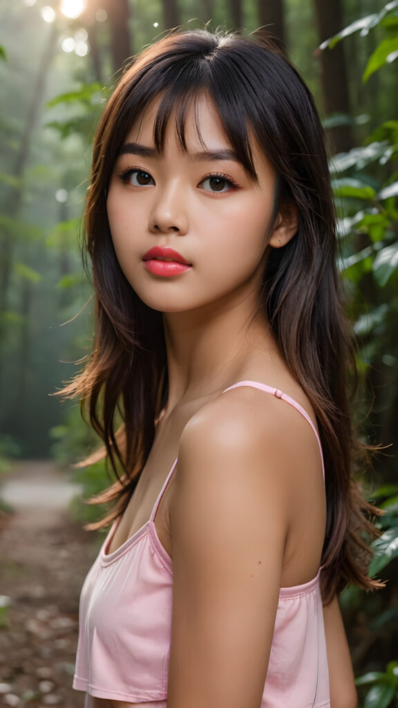 ((close up portrait)) a young cute busy tanned Asian teen girl with long, straight and shiny jet brown hair, bangs frame her face, ((full plump red lips)), wears a ((pink cropped tank top)), looks seductively at the viewer. In the background a misty, gloomy forest with faint moonlight, she has a perfect fit curved body, ((side view))