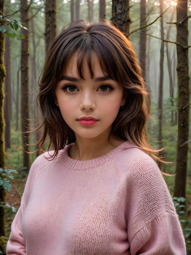 ((close up portrait)) a young cute busty tanned teen girl with long, straight and shiny jet brown hair, bangs frame her face, ((full plump red lips)), wears a ((pink sweater made of fine wool)), looks seductively at the viewer. In the background a misty, gloomy forest with faint moonlight, she has a perfect fit curved body, ((side view))