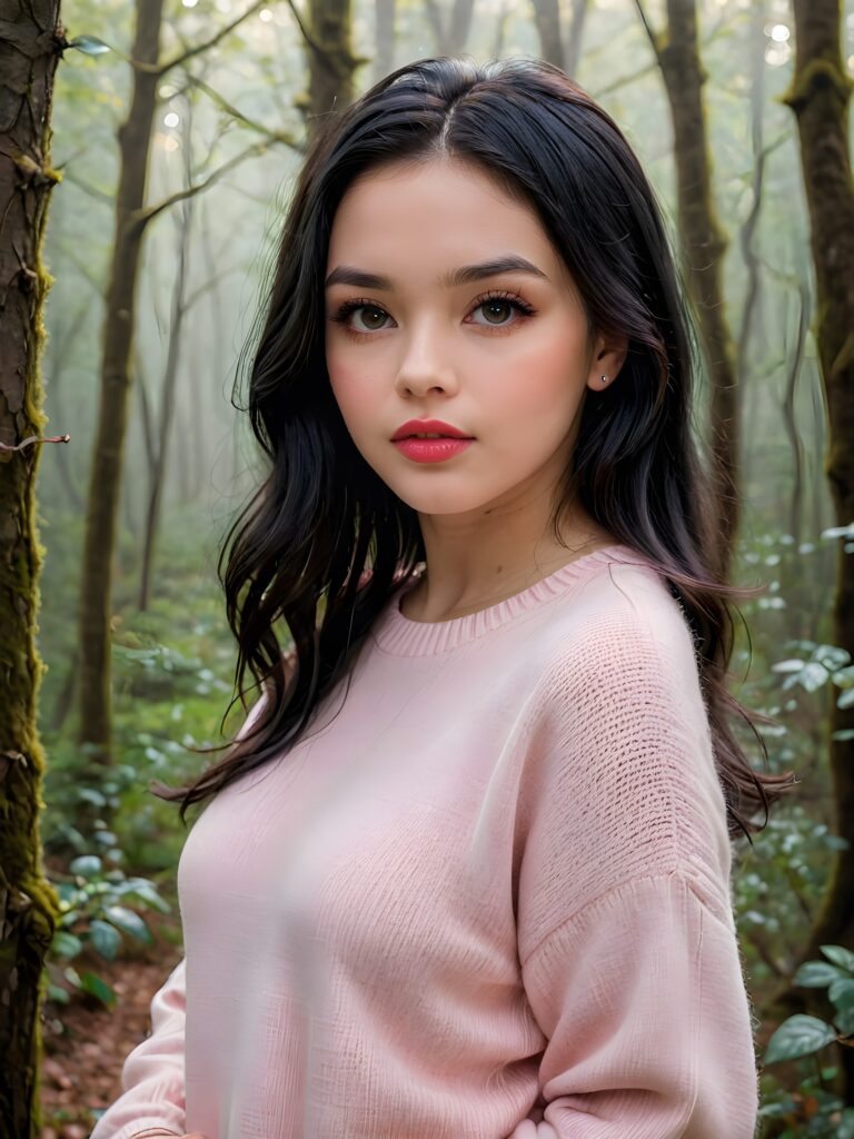 ((close up portrait)) a young cute busty teen girl with long, straight and shiny jet black hair, ((full plump red lips)), wears a ((light pink sweater made of fine wool)), looks seductively at the viewer. In the background a misty, gloomy forest with faint moonlight, she has a perfect fit curved body, ((side view))