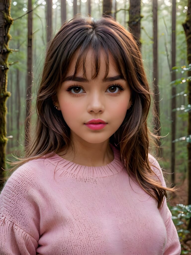 ((close up portrait)) a young cute busty tanned teen girl with long, straight and shiny jet brown hair, bangs frame her face, ((full plump red lips)), wears a ((pink sweater made of fine wool)), looks seductively at the viewer. In the background a misty, gloomy forest with faint moonlight, she has a perfect fit curved body, ((side view))