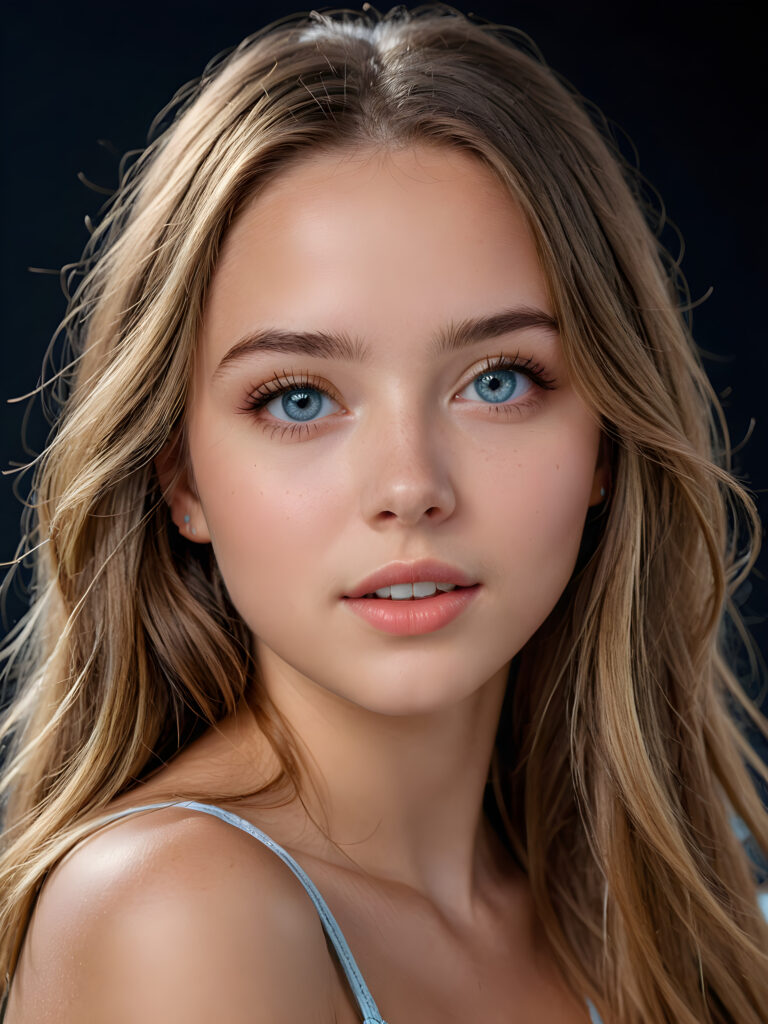 close up portrait from a young beautiful young teenage girl, she has full lips and her mouth is slightly open ready to kiss, white teeth, she has (((detailed straight long hair))) (her hair falls on her shoulders), and (realistic light blue eyes), ((angelic face)), black background, perfect shadows, weak light falls into the picture from the side, perfect curved body, she looks seductively at the viewer, flawless skin, ((side view)) ((ultra realistic photo)) ((stunning)) ((gorgeous)) ((4k))