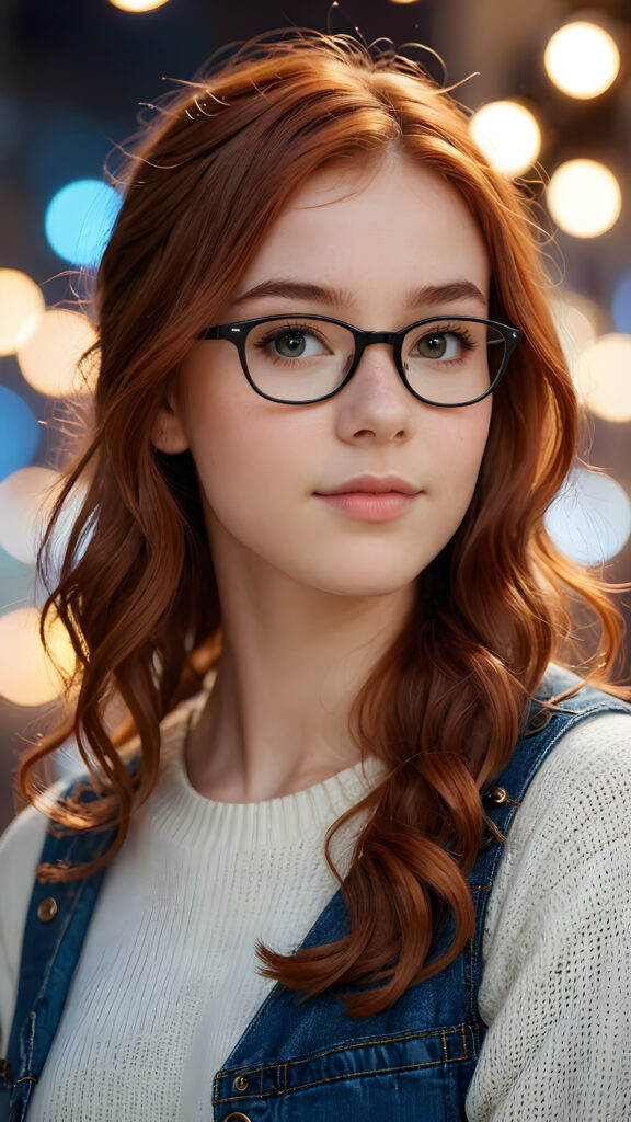 close-up shot, a cute nerd teen girl, detailed auburn hair, perfect curved body, ((stunning)) ((gorgeous)) ((realistic, detailed)) ((empty background)) ((cinemaic lights))