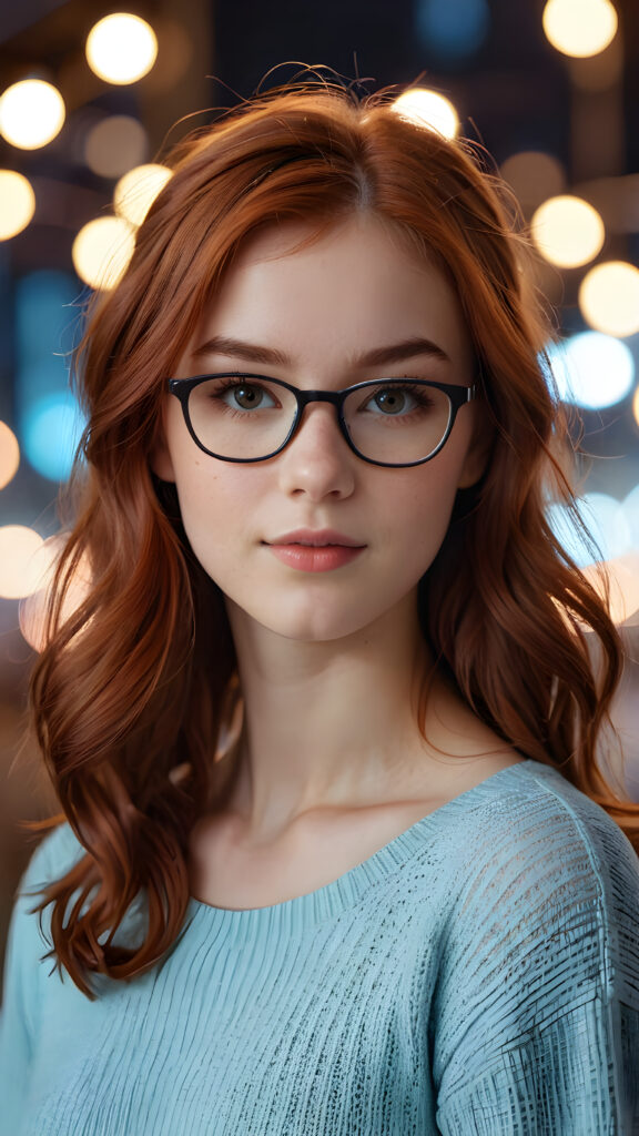 close-up shot, a cute nerd teen girl, detailed auburn hair, perfect curved body, ((stunning)) ((gorgeous)) ((realistic, detailed)) ((empty background)) ((cinemaic lights))