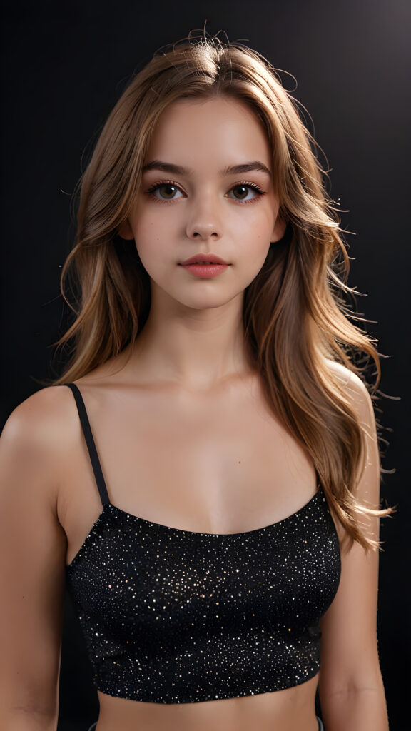 create a 3D image: of a gorgeous, stunning young teen girl, long, straight and smooth hazelnut hair, wears a short crop top, ((full lips)) perfect shadows and lights, (black background) ((full body))