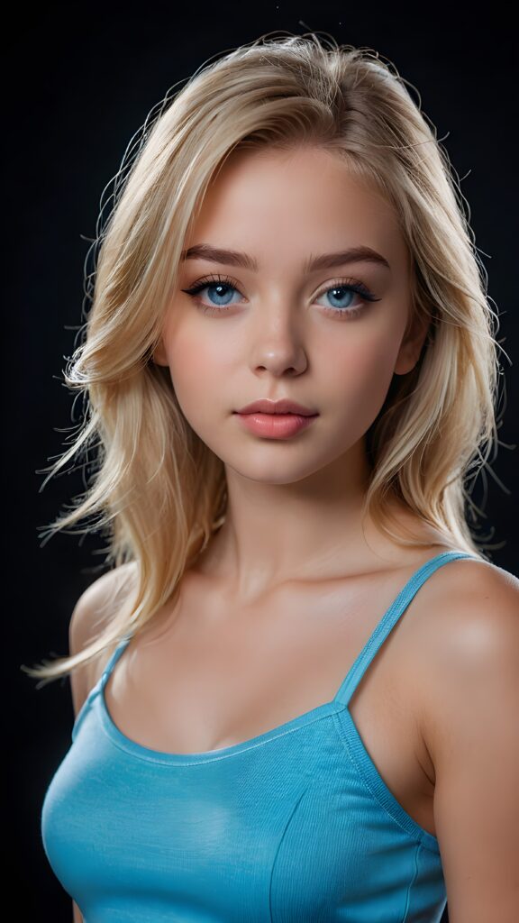 create a 3D image: of a gorgeous, stunning teen girl, straight blond detailed soft hair, she looks seductively, ((light blue eyes)), black eyeliner, short spaghetti tank top, ((full lips)) perfect shadows and lights, (black background) ((full body))