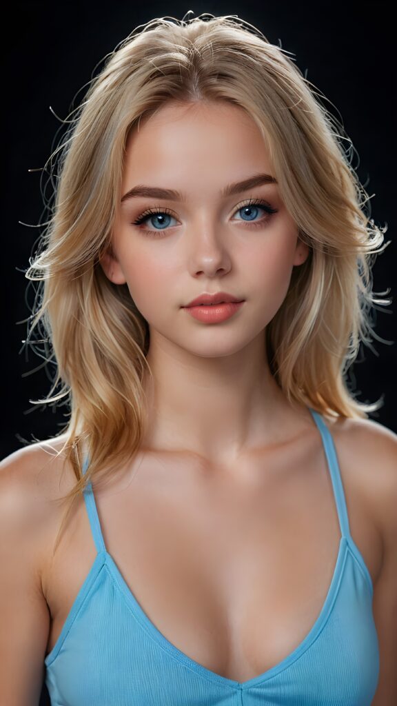 create a 3D image: of a gorgeous, stunning teen girl, straight blond detailed soft hair, she looks seductively, ((light blue eyes)), black eyeliner, short spaghetti tank top, ((full lips)) perfect shadows and lights, (black background) ((full body))