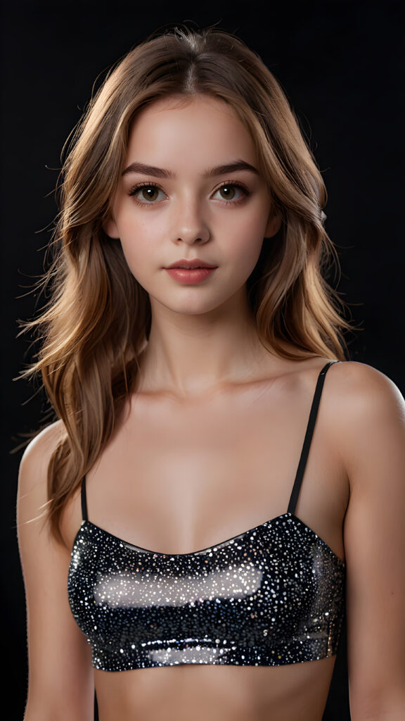 create a 3D image: of a gorgeous, stunning young teen girl, long, straight and smooth hazelnut hair, wears a short crop top, ((full lips)) perfect shadows and lights, (black background) ((full body))