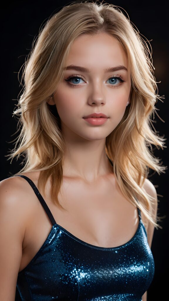 create a 3D image: of a gorgeous, stunning teen girl, straight blond detailed soft hair, she looks seductively, ((light blue eyes)), black eyeliner, short spaghetti tank top, ((full lips)) perfect shadows and lights, (black background) ((full body))