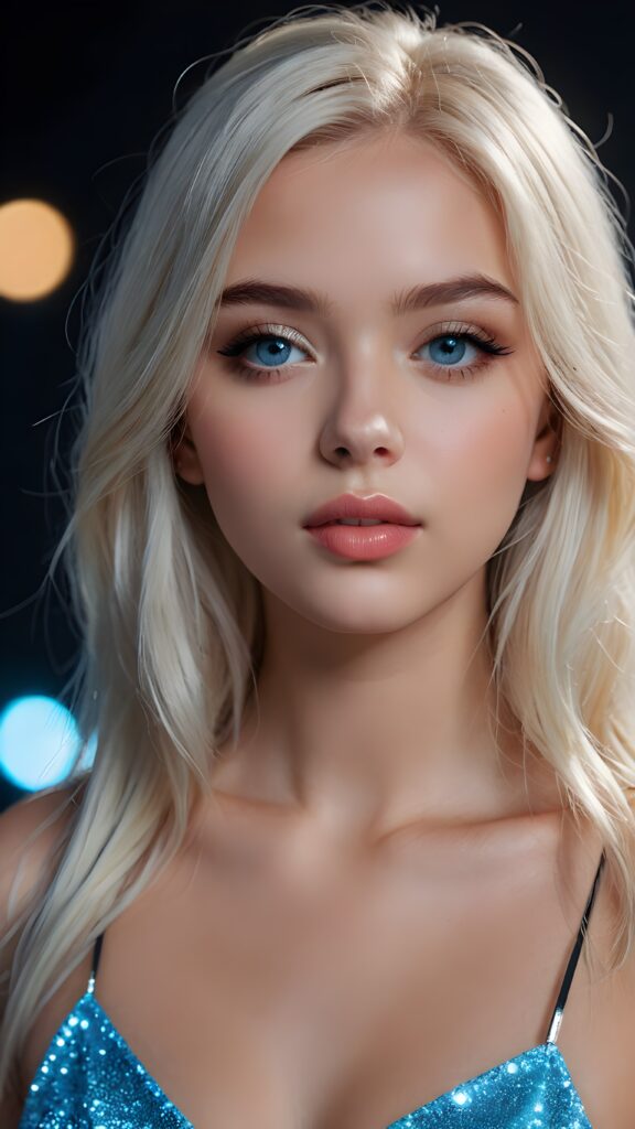 create a 3D image: of a gorgeous, stunning teen girl, straight platinum hair, she looks seductively, ((light blue eyes)), black eyeliner, ((full lips)) perfect shadows and lights, (black background) ((detailed portrait))