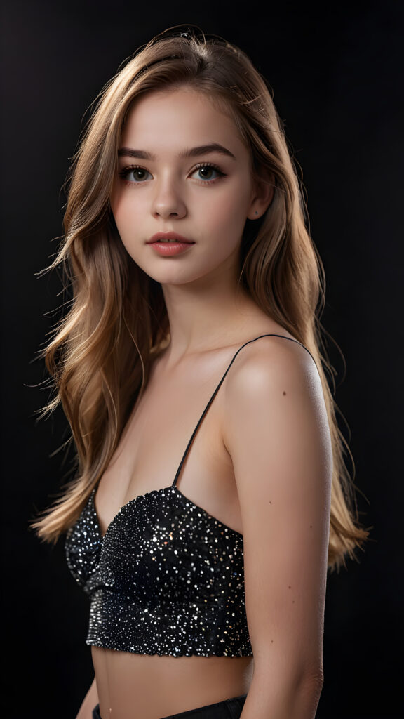 create a 3D image: of a gorgeous, stunning young teen girl, long, straight and smooth hazelnut hair, wears a short crop top, ((full lips)) perfect shadows and lights, (black background) ((full body))