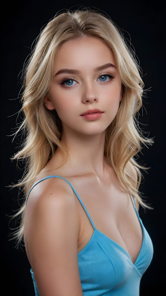 create a 3D image: of a gorgeous, stunning teen girl, straight blond detailed soft hair, she looks seductively, ((light blue eyes)), black eyeliner, short spaghetti tank top, ((full lips)) perfect shadows and lights, (black background) ((full body))