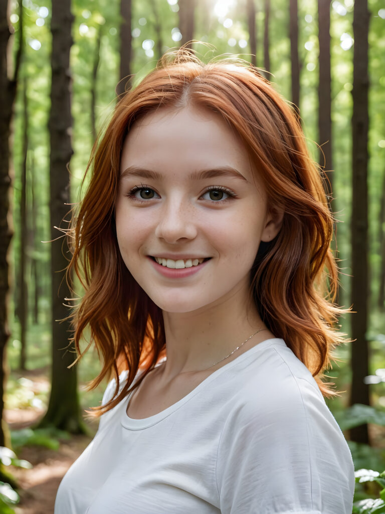 create a detailed close-up portrait: a (((red-haired teen girl))), her shoulder-length hair framing her smile, perfect curved body, wears a white shirt, stands in a ((forest))