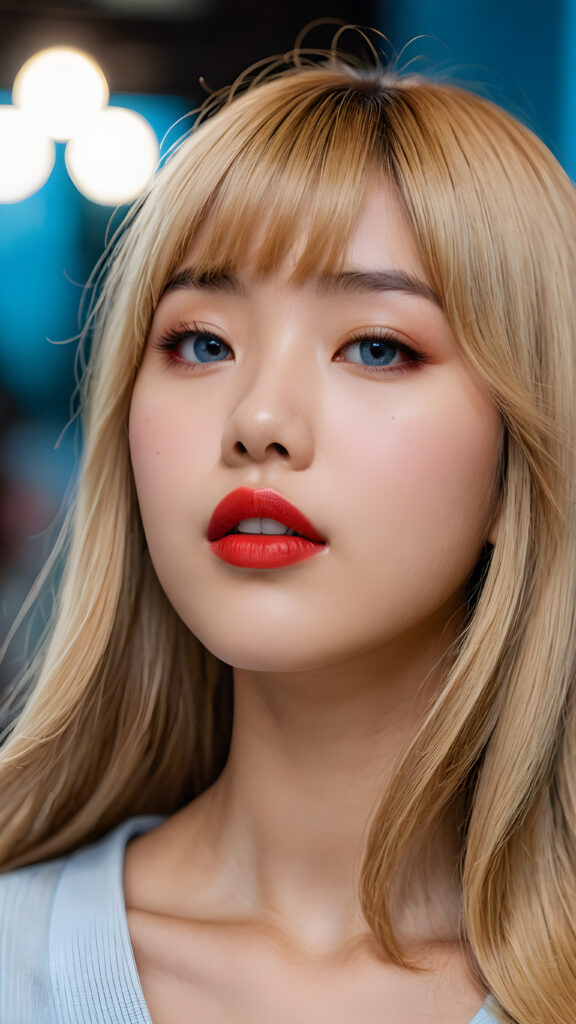 create a detailed and masterpice of (side view) portrait: a Japanese teen girl, long blond soft straight hair, bangs, she looks astonished and her mouth is slightly open, ((her eyes are light blue)) ((full red lips)) ((round face)) perfect shadows and light