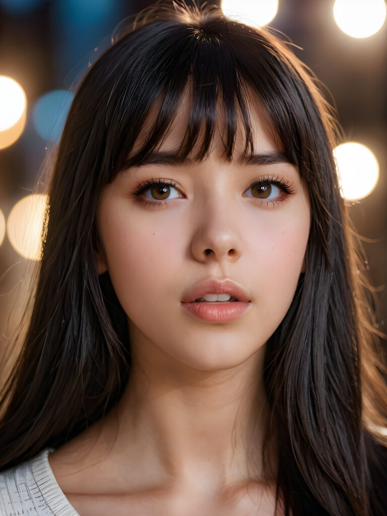 create a detailed and masterpice of close-up portrait: a teen girl, long, black soft straight hair, bangs, she looks astonished and her mouth is slightly open, ((her eyes are light brown)) ((full lips)) perfect shadows and light