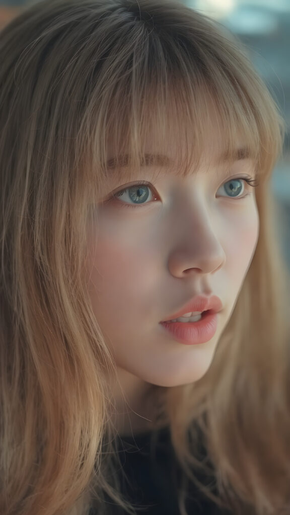 create a detailed and masterpice of (side view) portrait: a Japanese teen girl, long blond soft straight hair, bangs, she looks astonished and her mouth is slightly open, ((her eyes are light blue)) ((full red lips)) ((round face)) perfect shadows and light