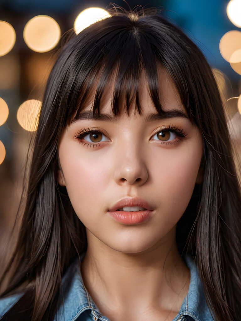 create a detailed and masterpice of close-up portrait: a teen girl, long, black soft straight hair, bangs, she looks astonished and her mouth is slightly open, ((her eyes are light brown)) ((full lips)) perfect shadows and light