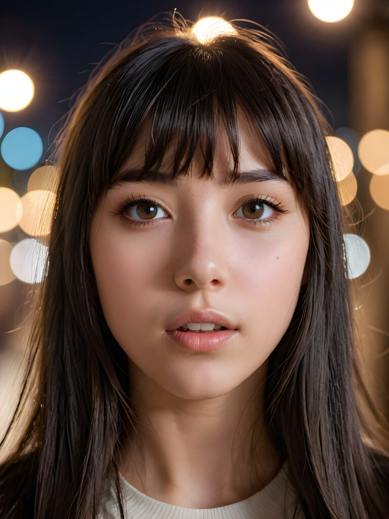 create a detailed and masterpice of close-up portrait: a teen girl, long, black soft straight hair, bangs, she looks astonished and her mouth is slightly open, ((her eyes are light brown)) ((full lips)) perfect shadows and light